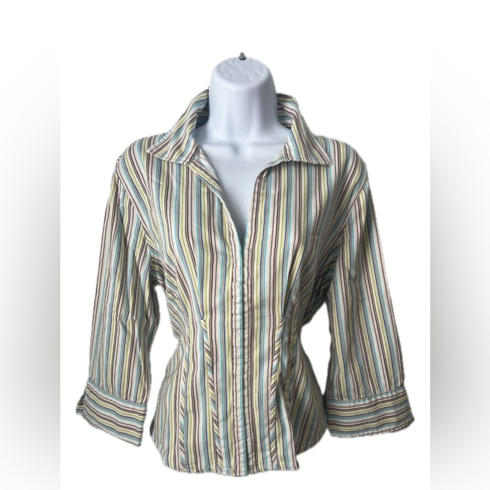 The Limited Tan and Blue Button Down Shirt Fitted 3/4 Sleeve Size L